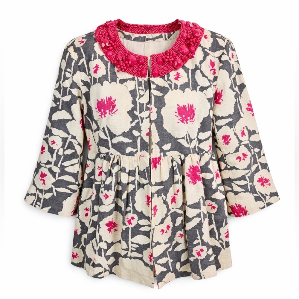 Nanette Lepore Floral Beaded Neck Peplum Blazer Sz 6 Barbie Pink Gray Coquette